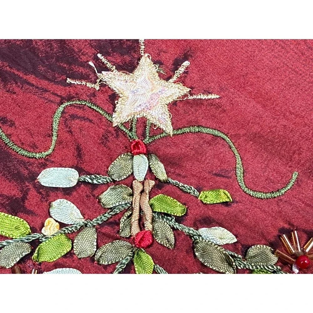 Holiday Christmas Tree Embroidered Table Cloth Shimmery‎ Silky Red Green Trim